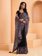 Black Satin Crepe Silk Sequence Embroidered Saree With Unstitched Blouse - Mohmanthan Yavanika | Grocsy