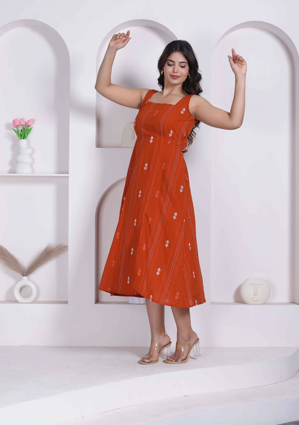 Miravan Womens Abstract Printed Rust ALine Maxi Dress | Grocsy