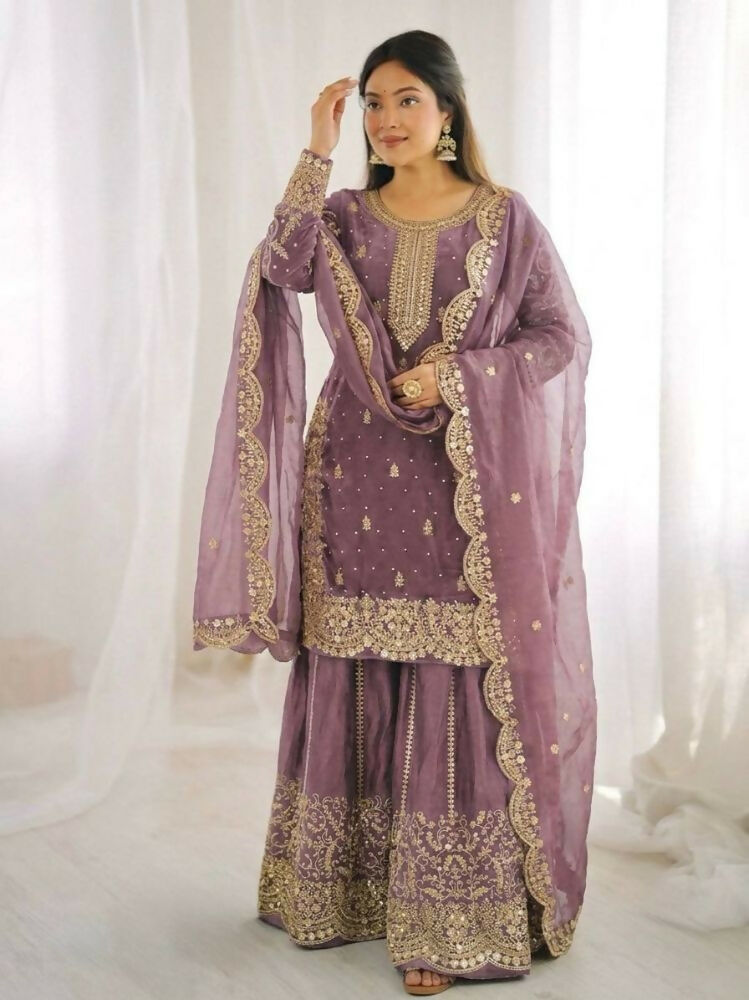 Teeya Creation Onion Color Fendy Silk Embroidery Work Wedding Wear Salwar Suit | Grocsy