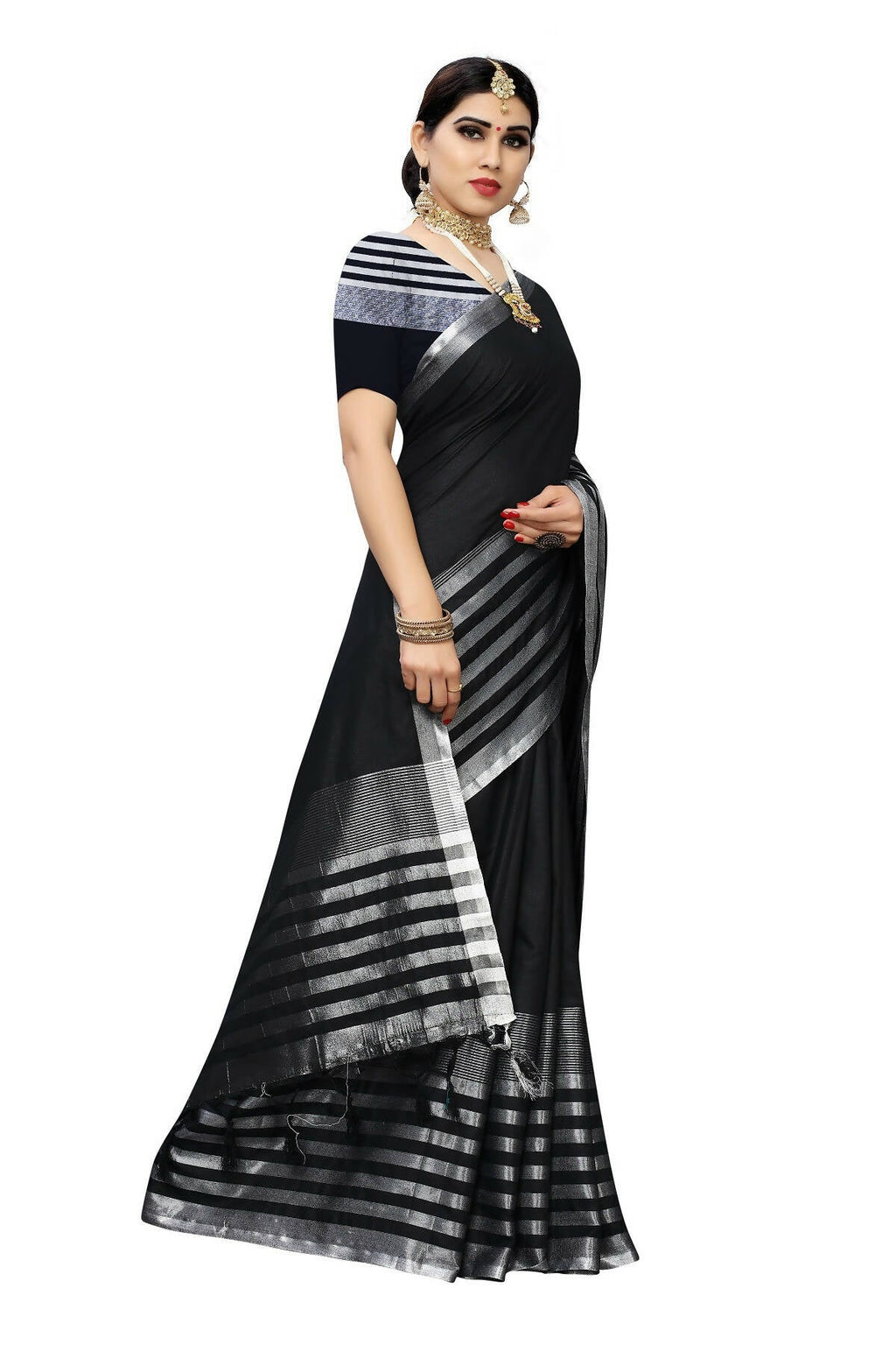 Vamika Black Cotton Silk Weaving Saree (Twitter Black) | Grocsy