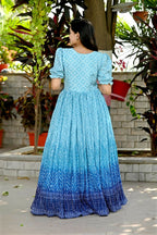 Jyoti Fashion Women's Sky Blue Bandhej Print with Crush Pleating Muslin Anarkali Dress | Grocsy
