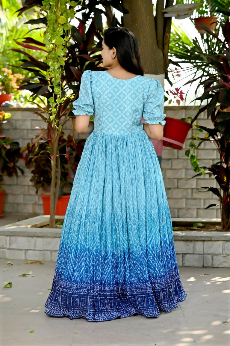 Jyoti Fashion Women's Sky Blue Bandhej Print with Crush Pleating Muslin Anarkali Dress | Grocsy