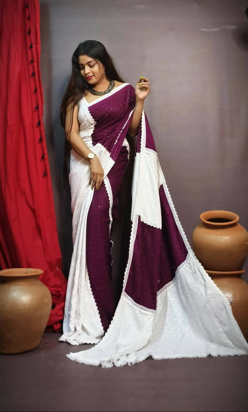 Exclusive Collection Chikankari Sequence Saree - White & Purple | Grocsy