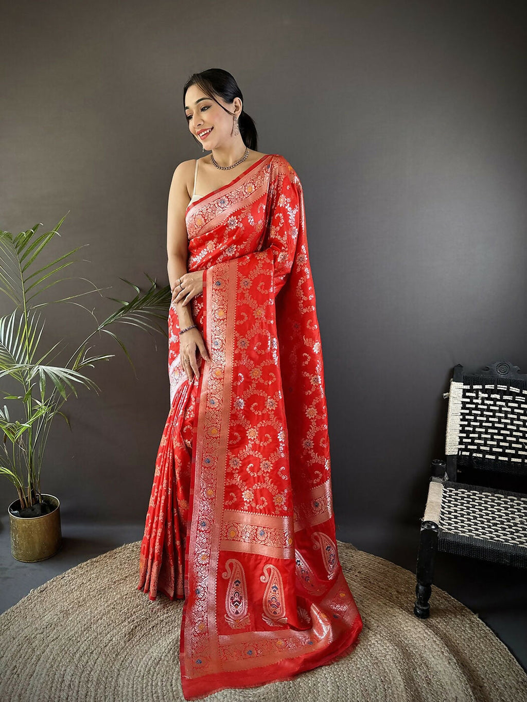 Joban Fashion Red Meenakari Banarasi Silk Sarees | Grocsy