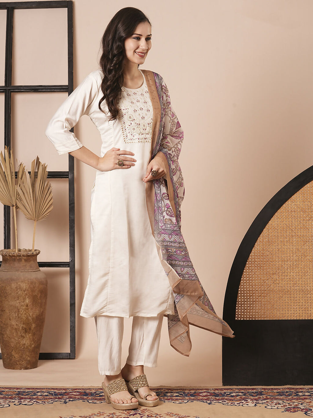 Cream Chanderi Embroidery Work, Printed Kurta Set - Riya | Grocsy