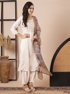 Cream Chanderi Embroidery Work, Printed Kurta Set - Riya | Grocsy