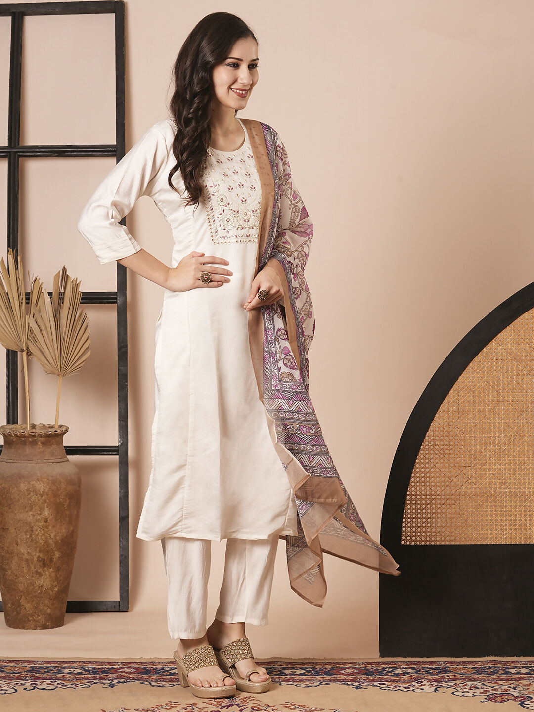 Cream Chanderi Embroidery Work, Printed Kurta Set - Riya | Grocsy