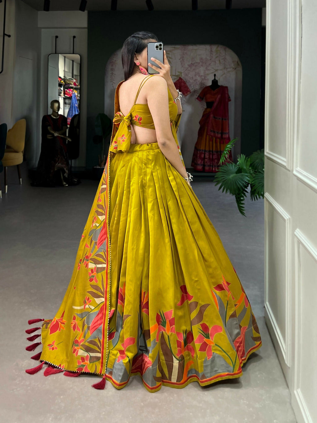Vastranavya Polyester Viscose Chanderi Lehenga Choli With Intricate Print And Dupatta - Mustard | Grocsy