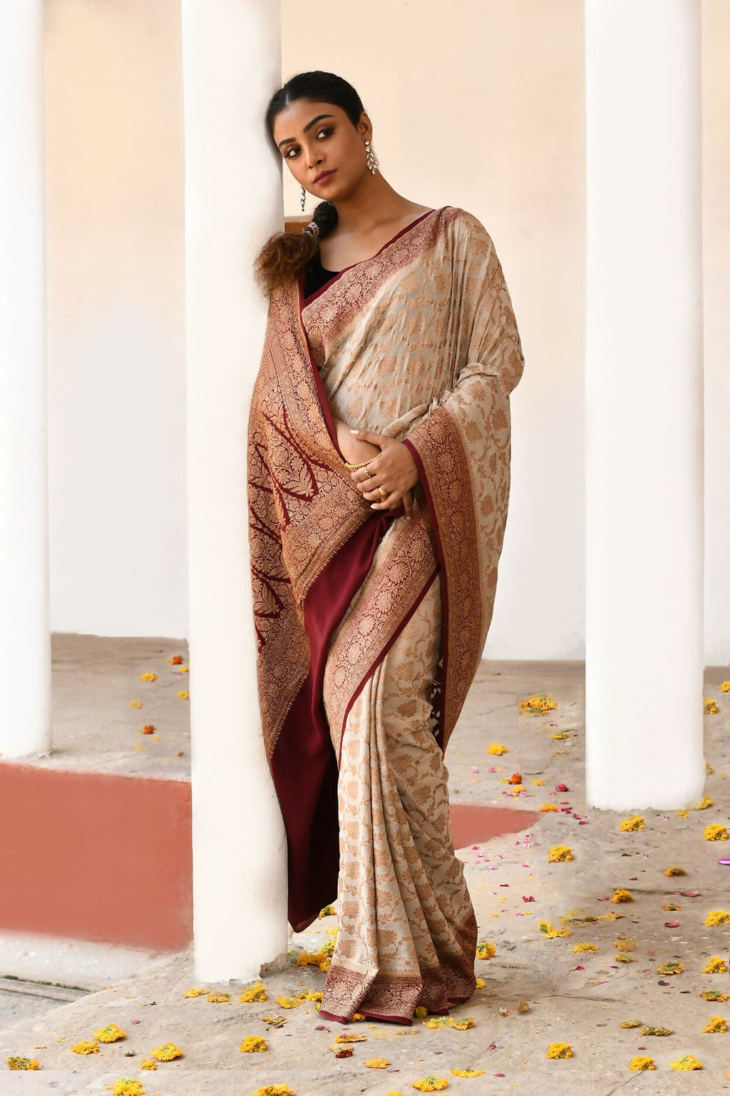 Joban Fashion Crème Crepe Chiffon Pure Handloom Banarasi Silk Saree | Grocsy
