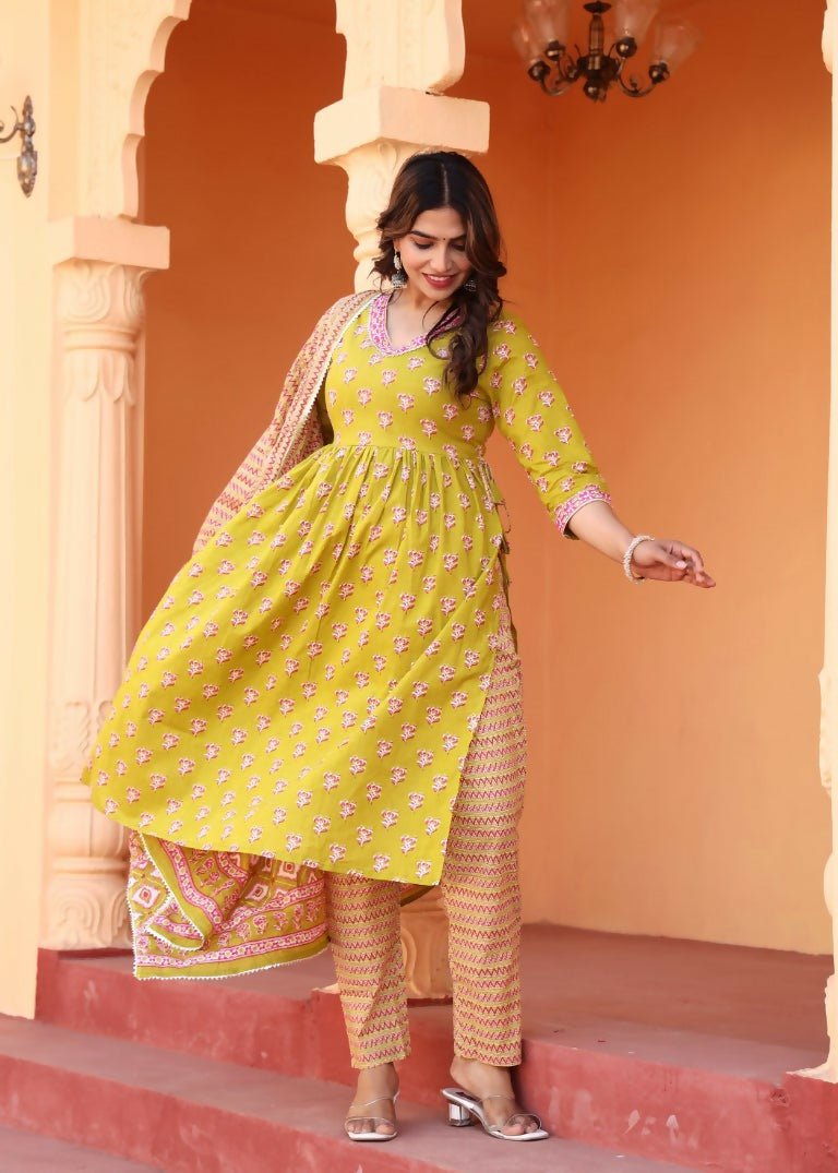 Alvano Printed Naira Cut Kurti Kurti with Pant and Dupatta Set for Women's and Girls Cotton | Grocsy