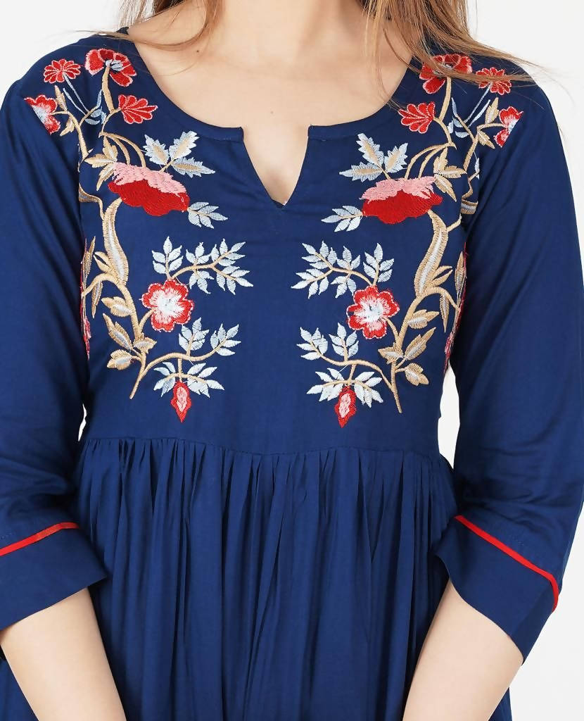 Vamika Blue Rayon Embroidery Party/Casual Wear Kurti | Grocsy