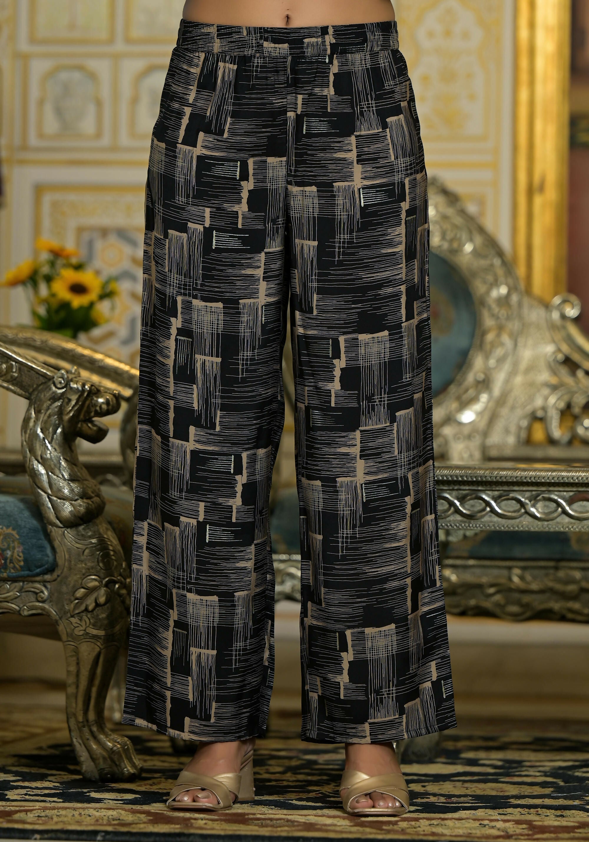 Juniper Women's Black Thread Embroidered Viscose Kurta Pant And Dupatta Set With Abstract Printed Pants | Grocsy
