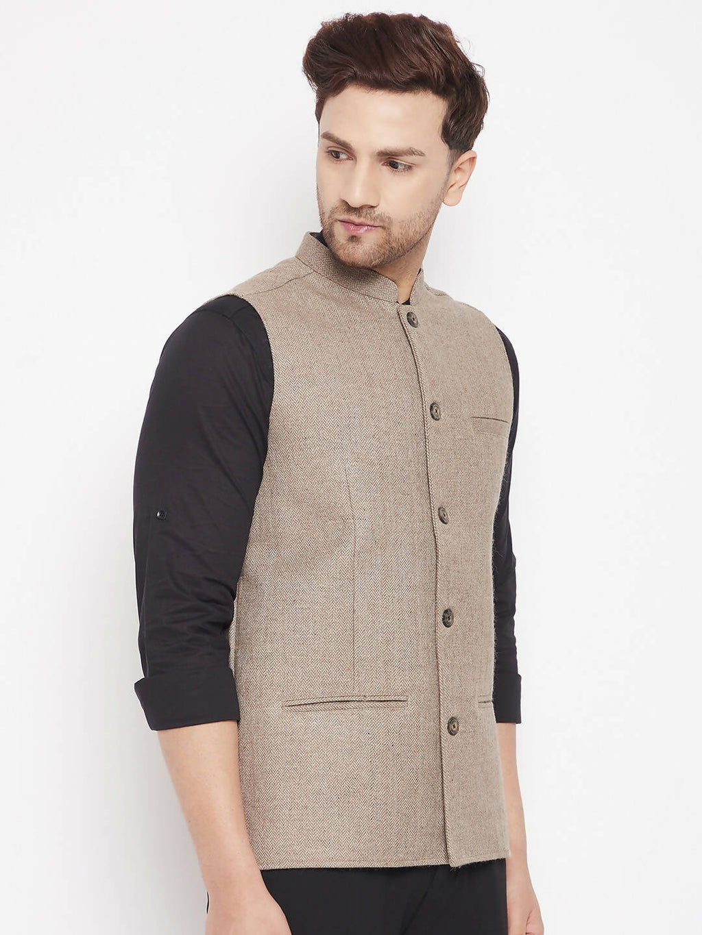 Even Apparels Beige Wool Men Woven Nehru Jacket | Grocsy