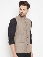 Even Apparels Beige Wool Men Woven Nehru Jacket | Grocsy