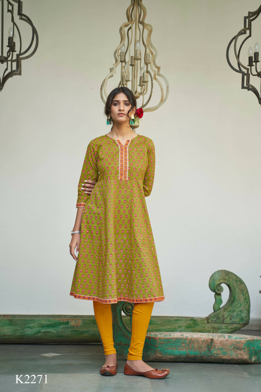 Green Cotton Floral Printed A line Kurta - Prasuti | Grocsy