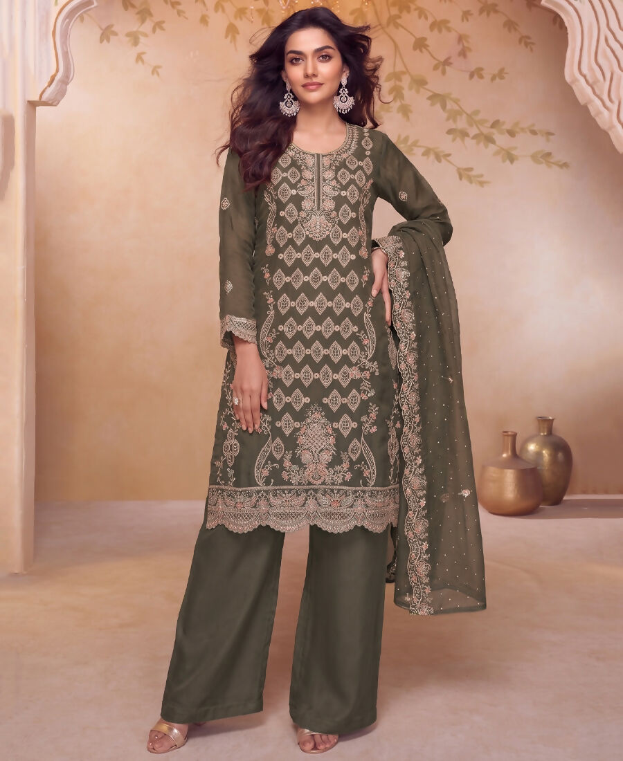 KC Heavy Embroidery Worked Two Ton Moss Silk Grey Suit For Women | Grocsy