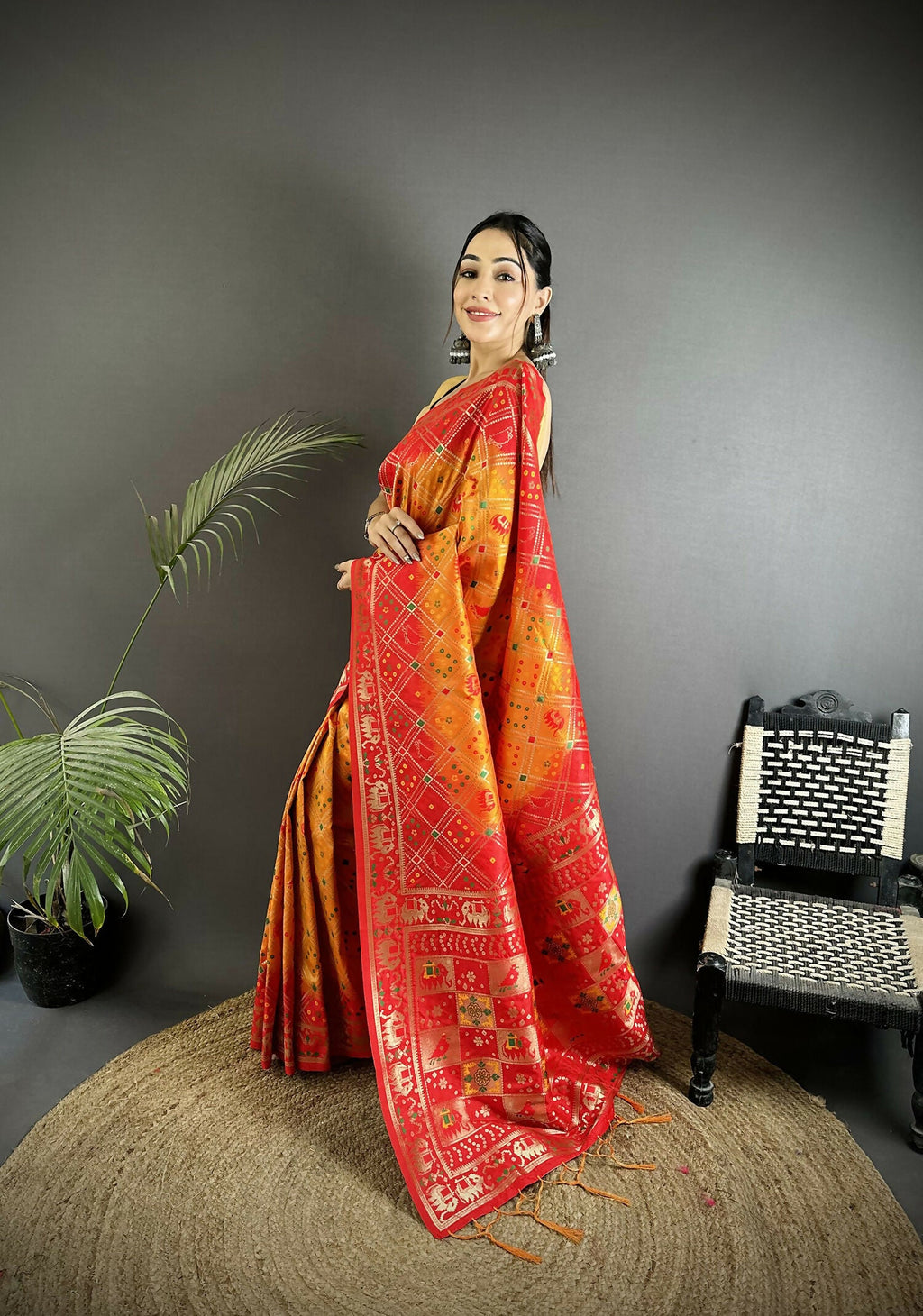 Joban Fashion Yellow And Red Geometric Pattern Soft Silk Patola Saree | Grocsy