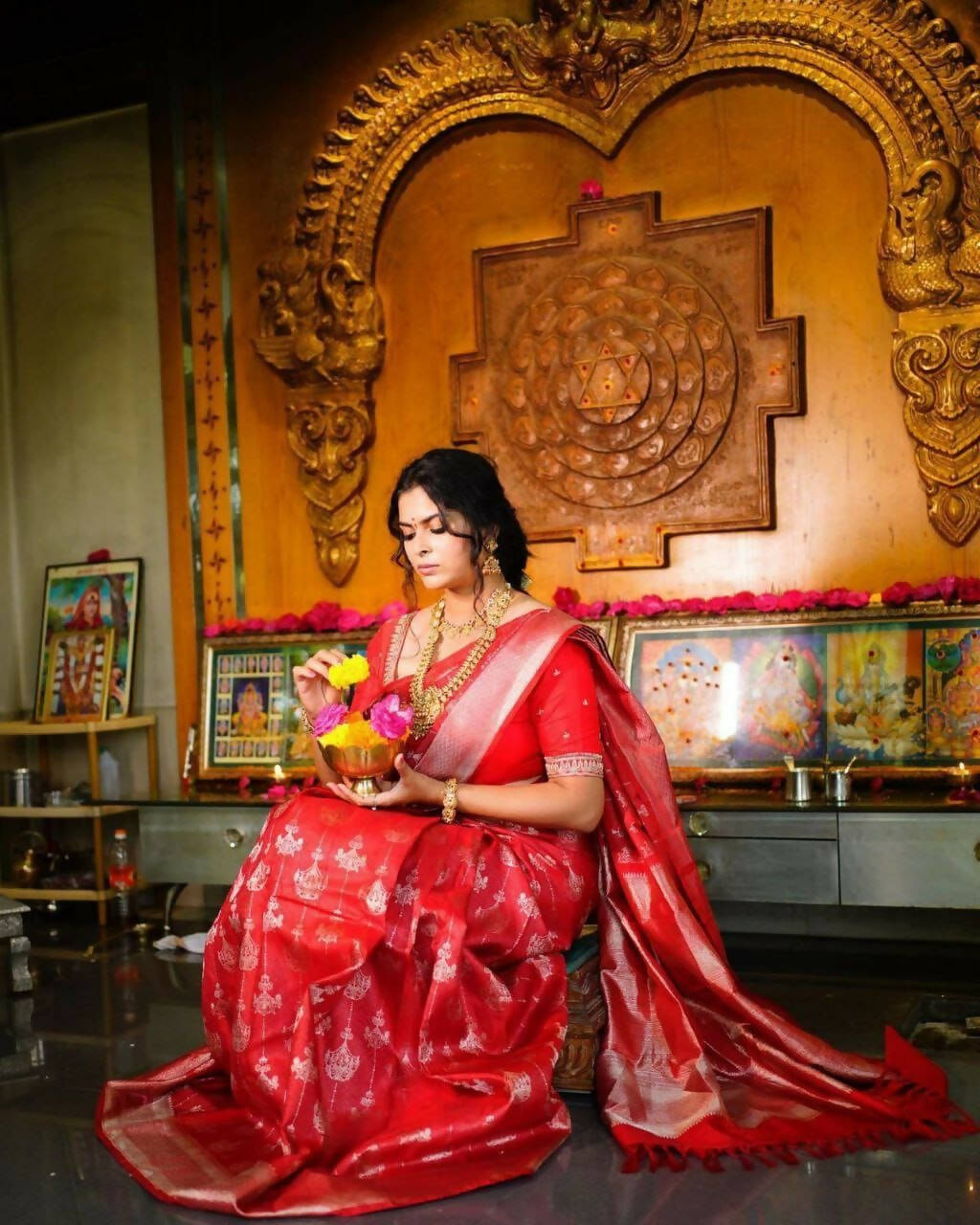 DEIANA'S Beautiful Designer Golden zari Soft Lichi Silk Saree - Red | Grocsy