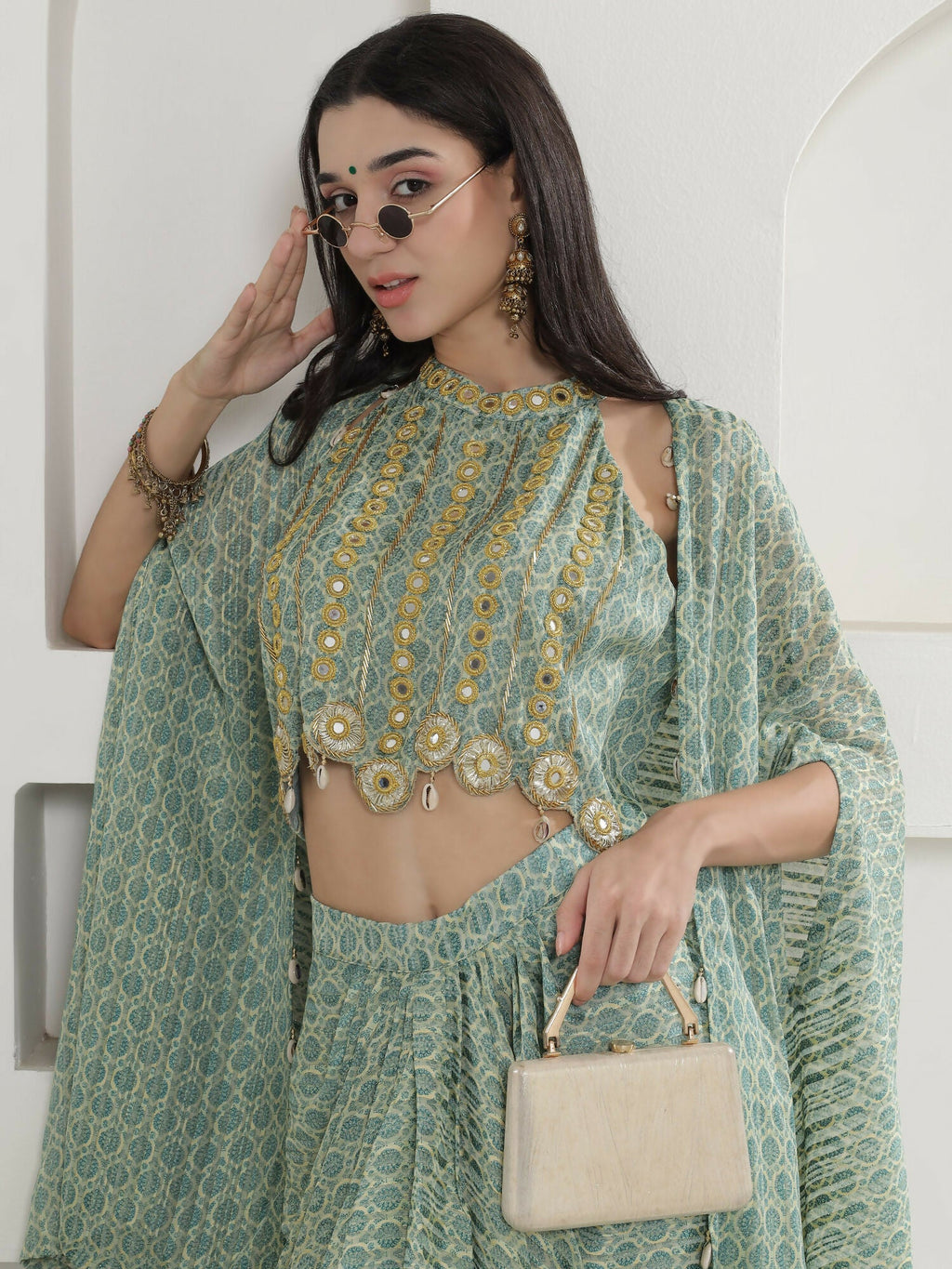 Joban Fashion Green Georgette Cape Inner And Shirt Set | Grocsy