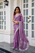 Vastranavya Lavender Embroidery Work Shimmer Chiffon Saree with Unstitched Blouse | Grocsy