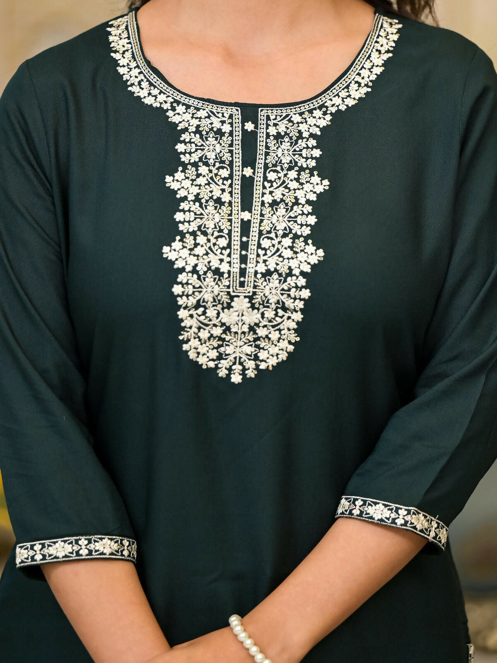 Juniper Women's Green Thread Embroidered Rayon Kurta | Grocsy