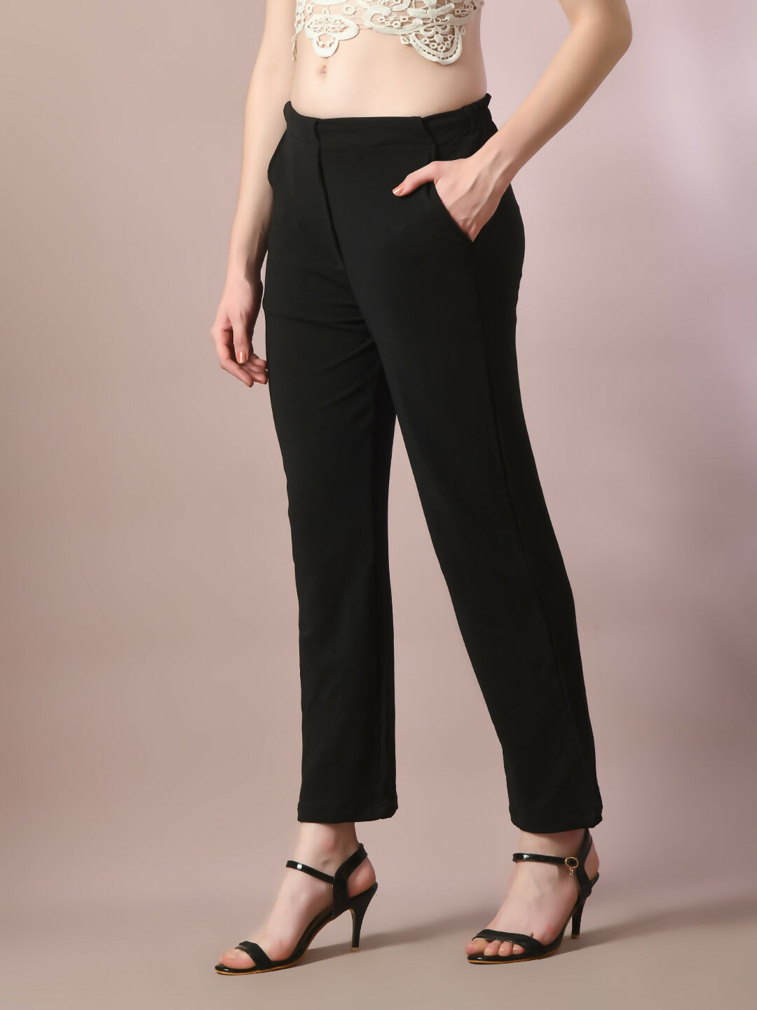 Myshka Women'sBlack Solid Party Straight Trousers | Grocsy