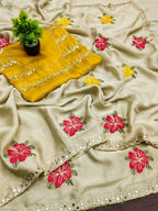 Teeya Creation Cream Rangoli Silk Embroidery Work Party Wear Designer Saree | Grocsy