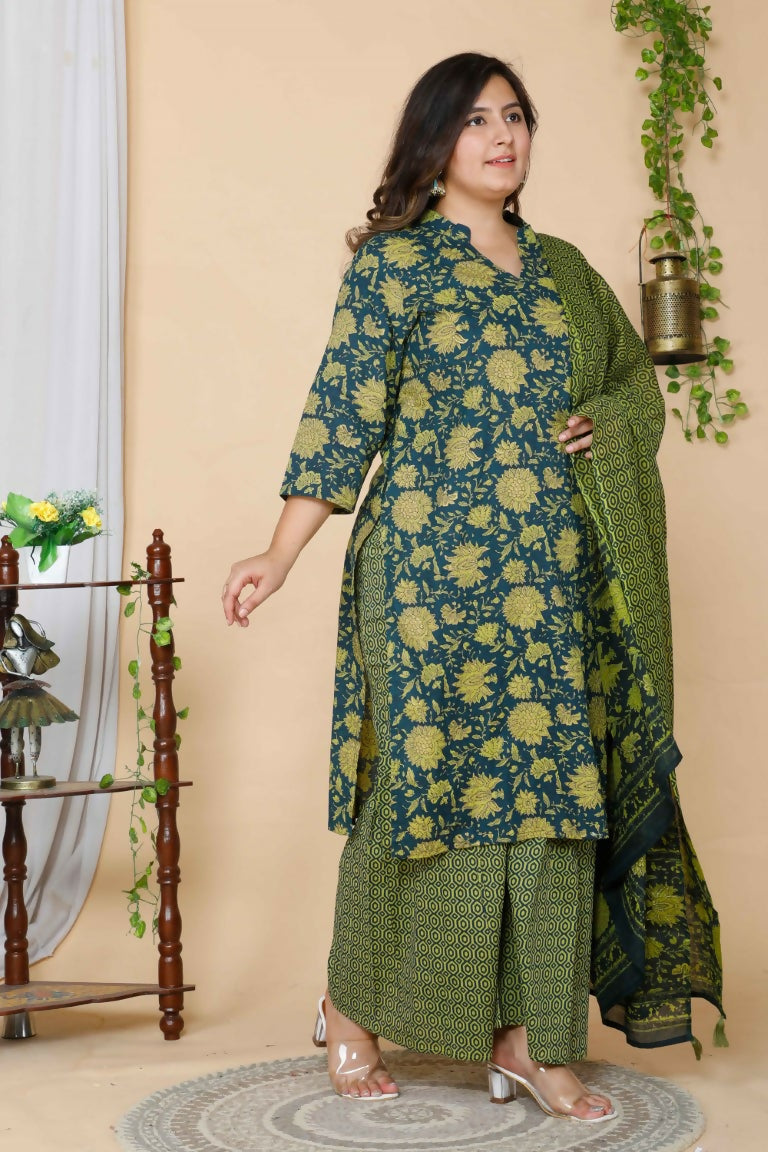 Miravan Women's Plus Size Green Floral Printed Cotton Kurta With Sharara & Dupatta Set | Grocsy
