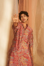 Pink Modal Silk Designer Printed Men's Kurta Set - Mahotsav | Grocsy