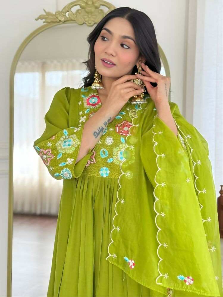The52 Women's Beautiful Embroidery Work Viscose Silk Fabric Flared Kurta Pant and Dupatta Set | Grocsy