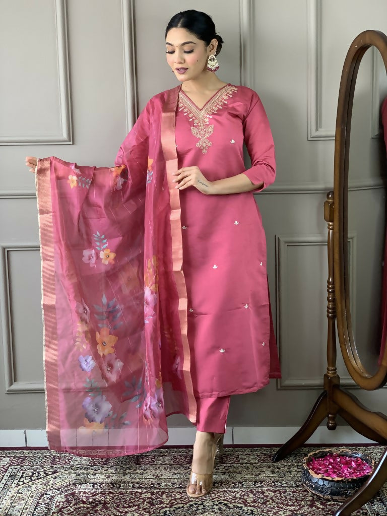 Light Pink Viscose chanderi Stitched Suit With Dupatta - Tanisha | Grocsy