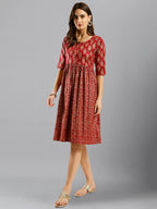 Red Cotton Ethnic Motifs Aline Dress - Poonam | Grocsy