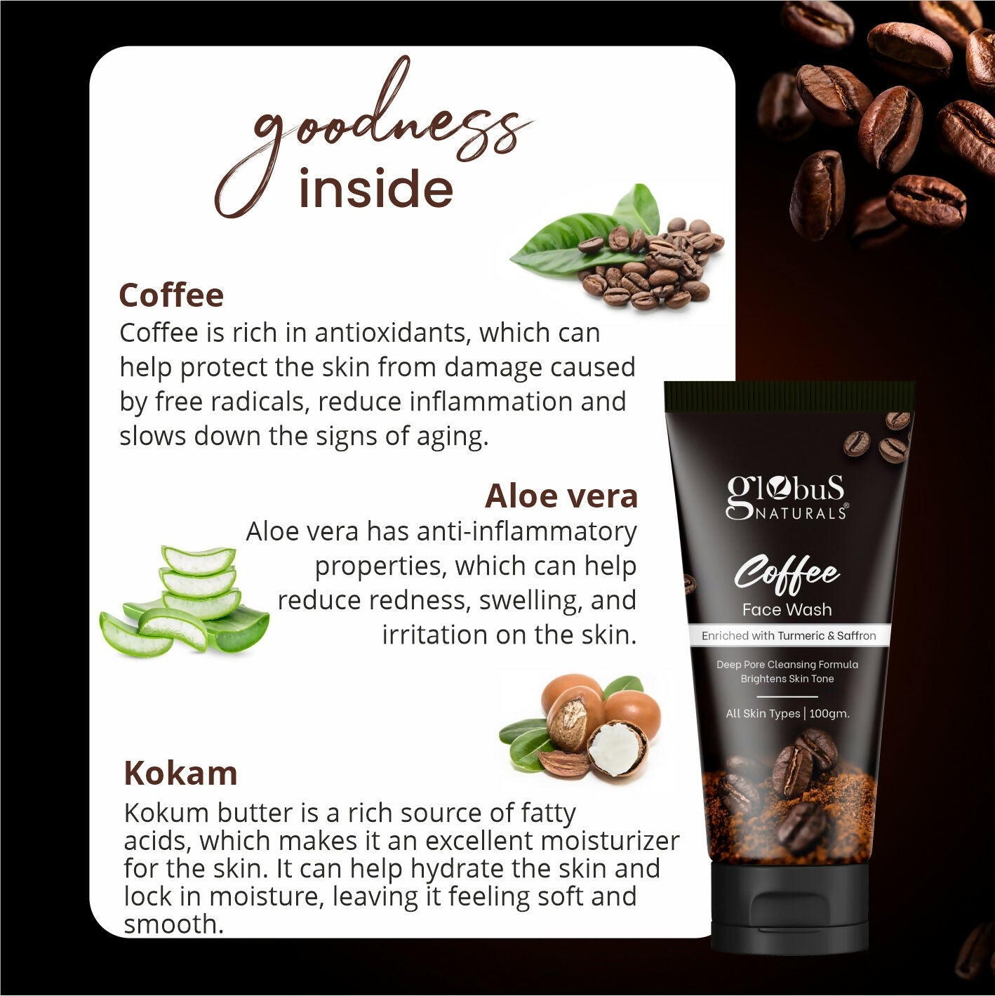 Globus Naturals Coffee Face Scrub Enriched with Aloe Vera and kokum For All Skin Types | Grocsy