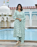 Vaasva Women's Sky Blue Cotton Anarkali Set With Solid Pant And Embroidered Dupatta | Grocsy