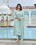Vaasva Women's Sky Blue Cotton Anarkali Set With Solid Pant And Embroidered Dupatta | Grocsy