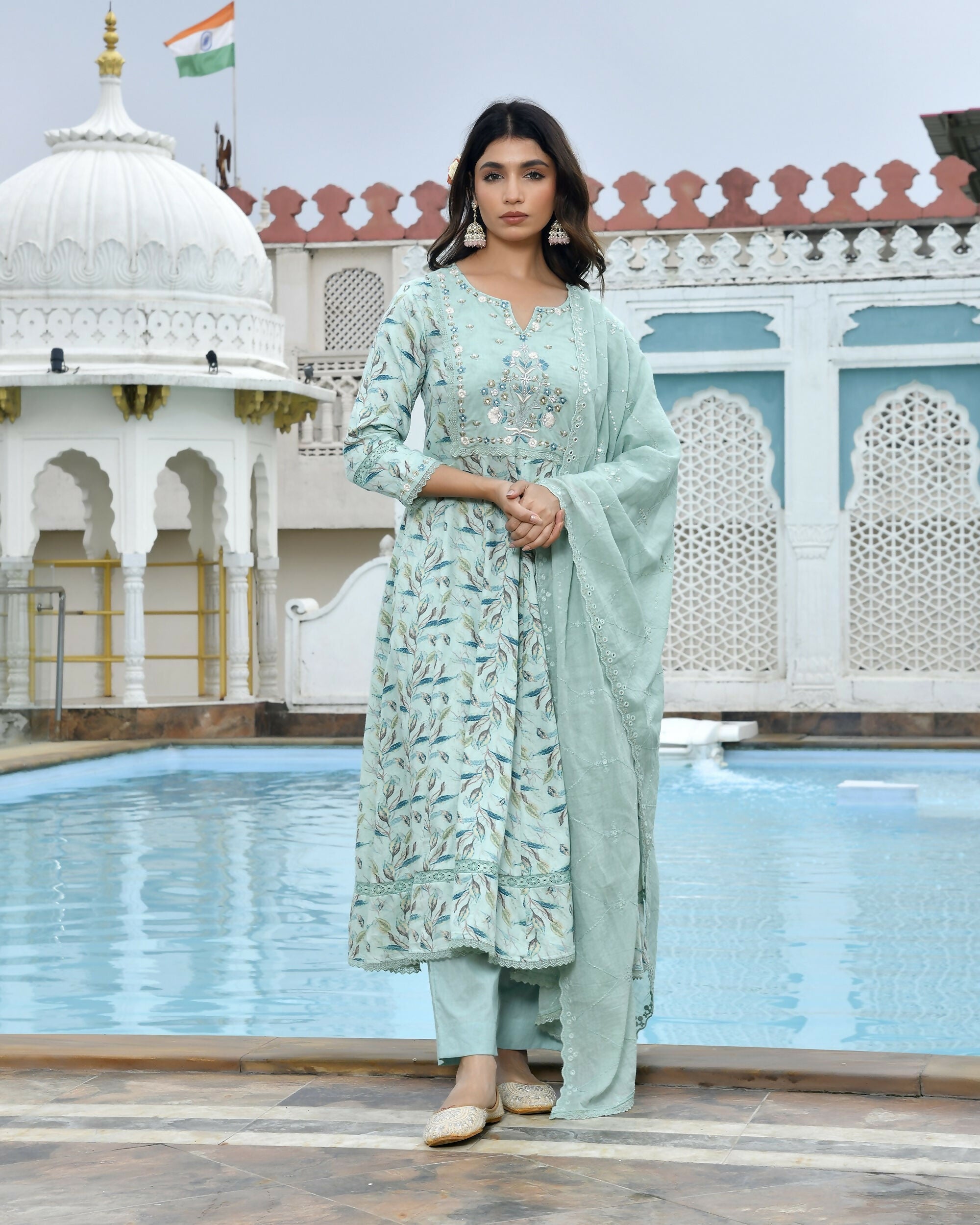 Vaasva Women's Sky Blue Cotton Anarkali Set With Solid Pant And Embroidered Dupatta | Grocsy