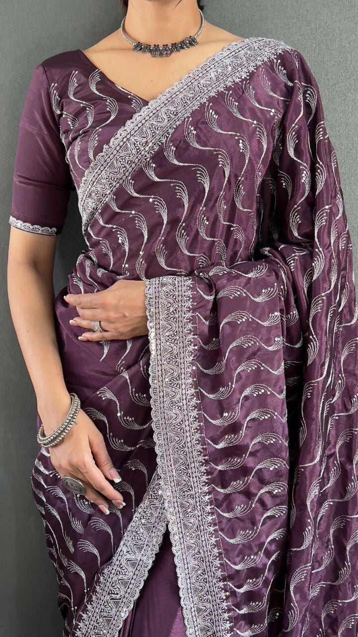 Vastranavya Purple Chinnon Silk Embroidery Multi Sequence & Arco Cut Work Ready to Wear Saree | Grocsy