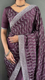 Vastranavya Purple Chinnon Silk Embroidery Multi Sequence & Arco Cut Work Ready to Wear Saree | Grocsy