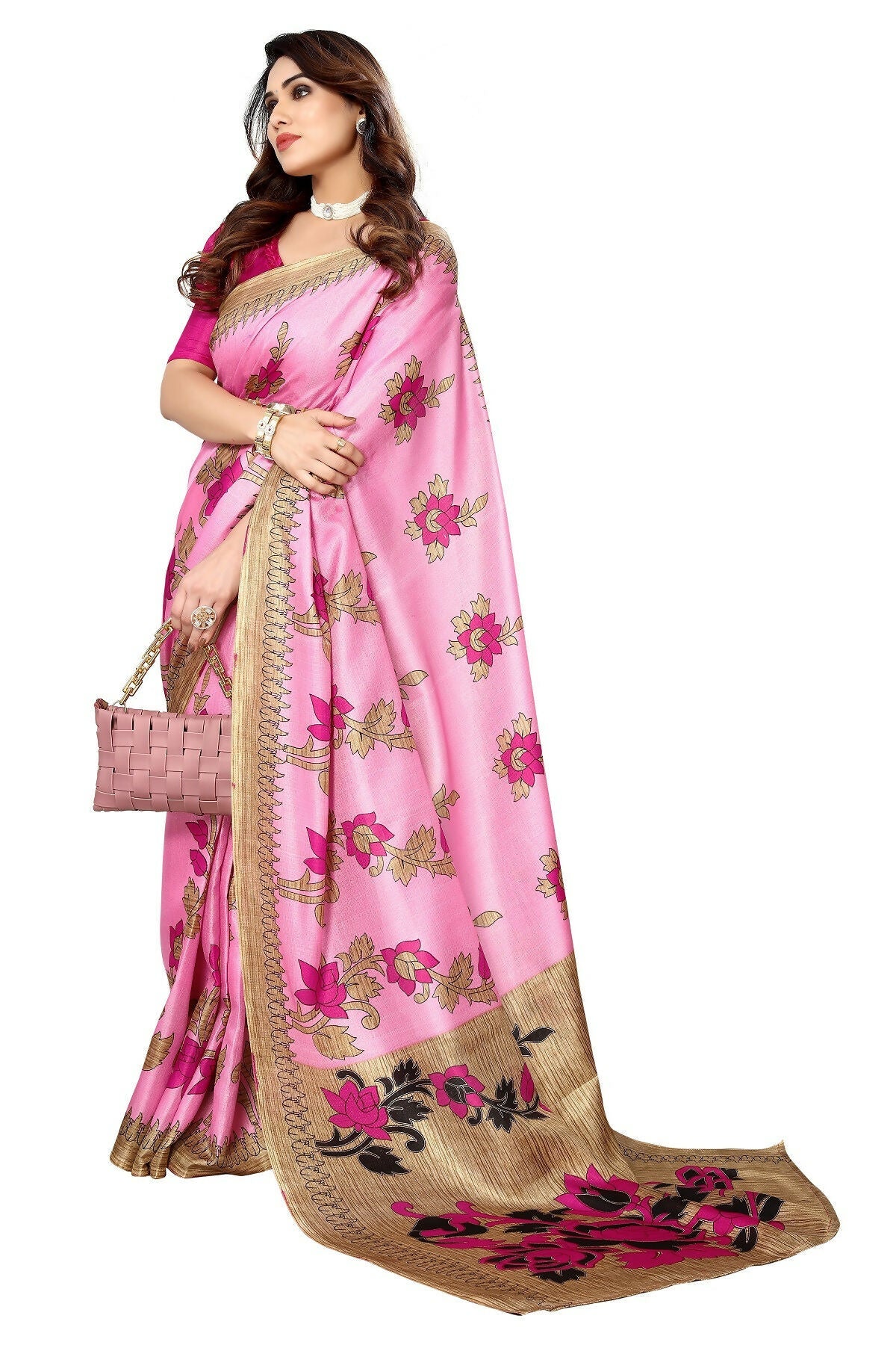 Vamika baby pink Printed Art Silk Saree | Grocsy