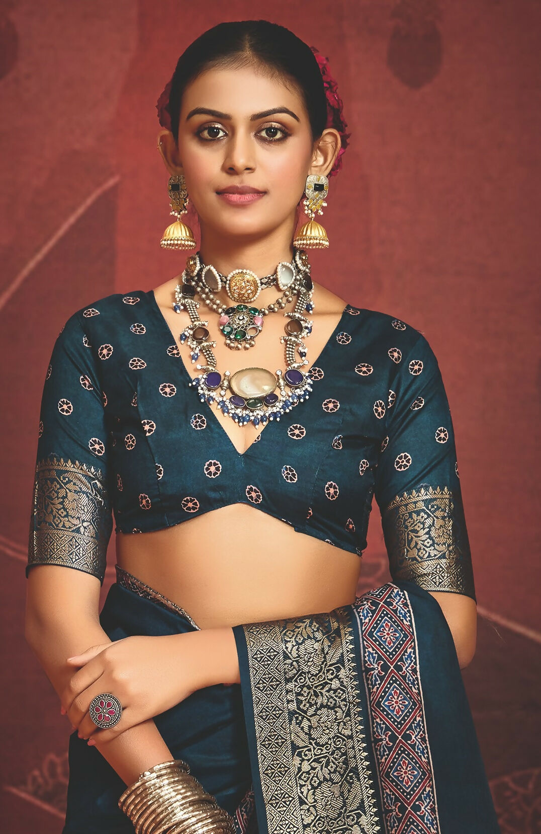Joban Fashion Teal Blue Art Silk With Fine Viscose Border Ajrak Full Body Print With Soft Finish Saree | Grocsy