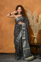 Very Much Indian Modal Silk Ajrakh Handblock Printed Natural Dyes With Designer Border Saree - Blue | Grocsy