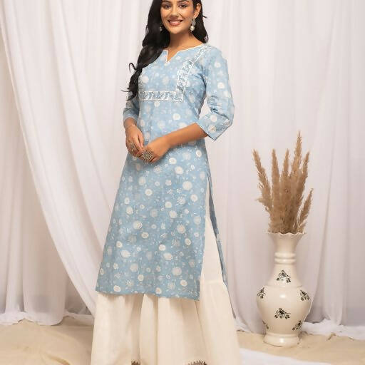 FIORRA Women's Floral Printed Sky Blue Cotton Straight Kurta | Grocsy