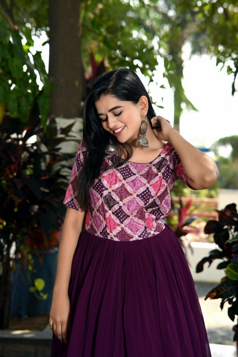 Jyoti Fashion Women's Wine Printed with Sequins Faux Blooming Anarkali Dress | Grocsy