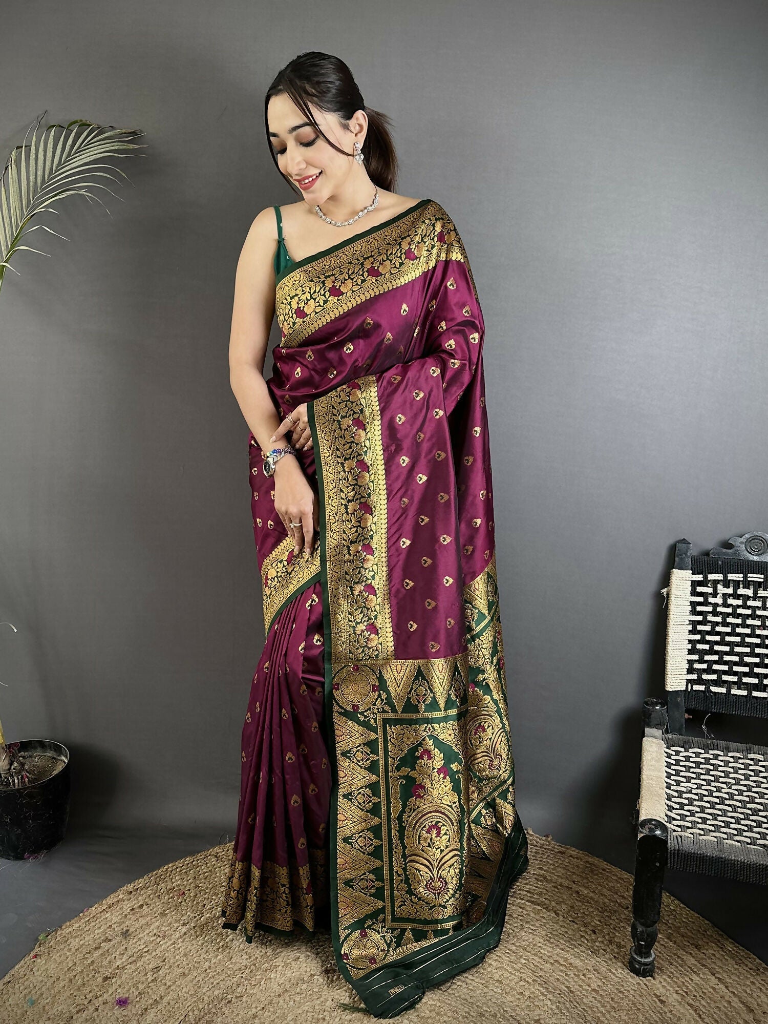 Joban Fashion Wine Intricate Motifs Soft Silk Banarasi Saree | Grocsy