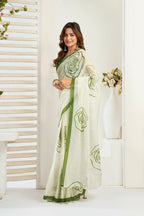 Vastranavya Green Digital Printed Linen Ready To Wear Designer Saree with Unstitched Blouse | Grocsy