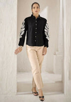 Teeya Creation Women Trendy Black Cotton Button-Down Top with White Contrast Embroidered Sleeves | Grocsy