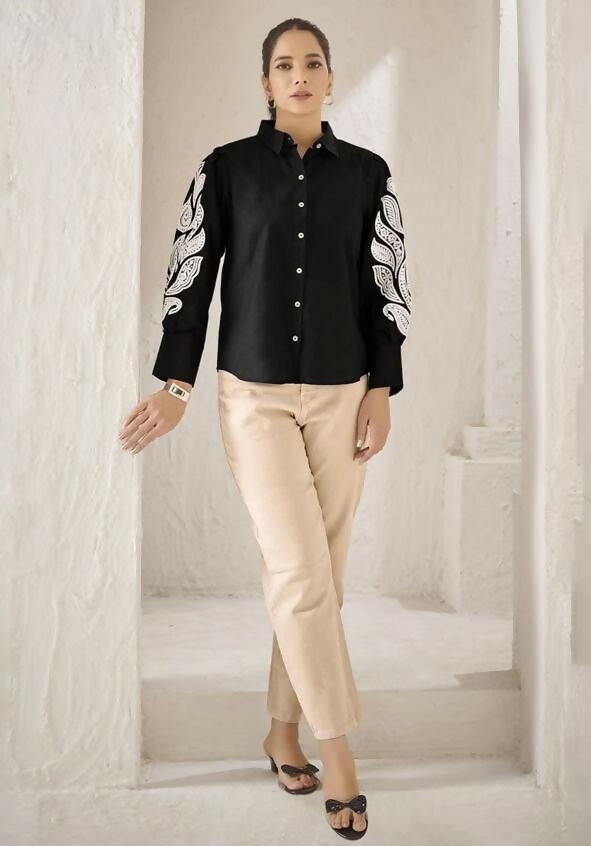 Teeya Creation Women Trendy Black Cotton Button-Down Top with White Contrast Embroidered Sleeves | Grocsy