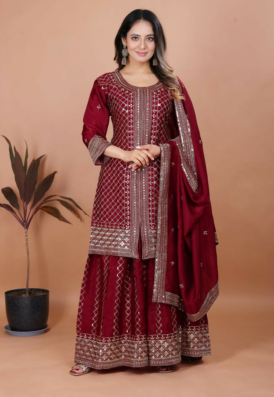 Teeya Creation Maroon Color Chinon Silk Embroidery Work Palazzo Set | Grocsy