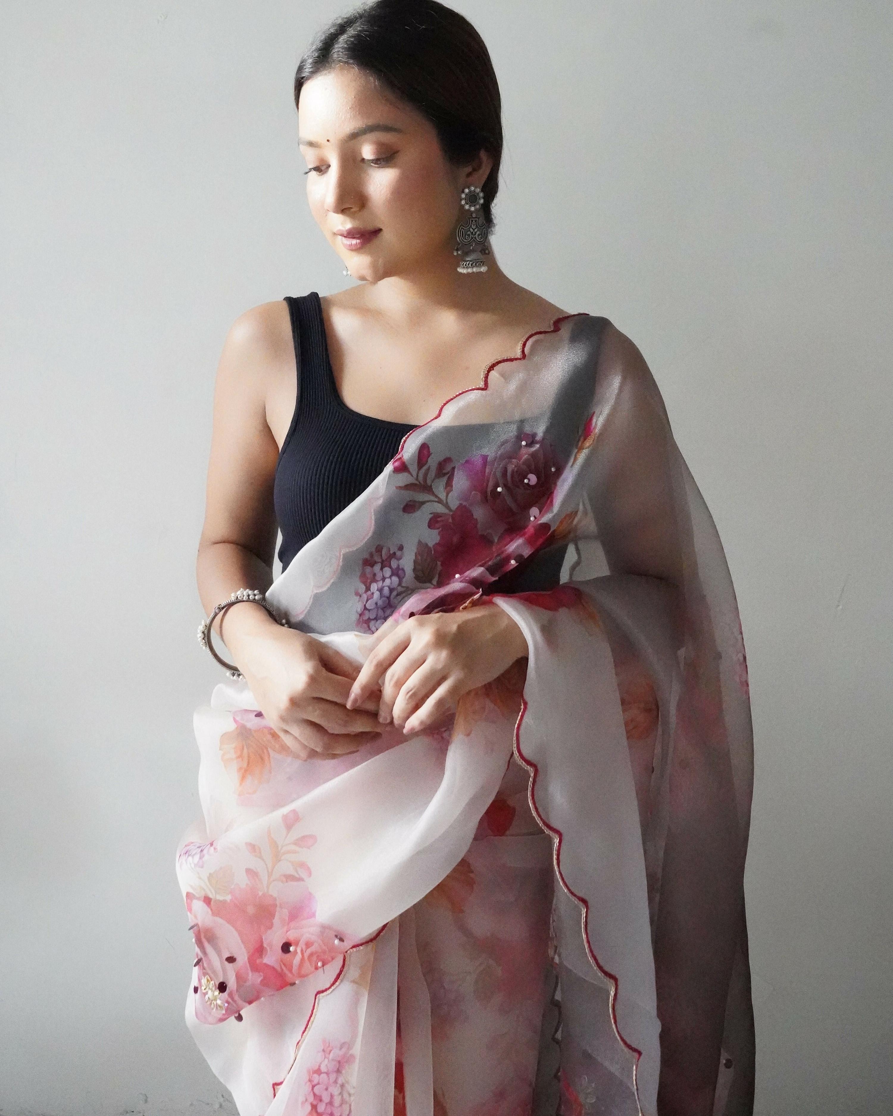 Vamsee Ramya Off White Organza Saree | Grocsy