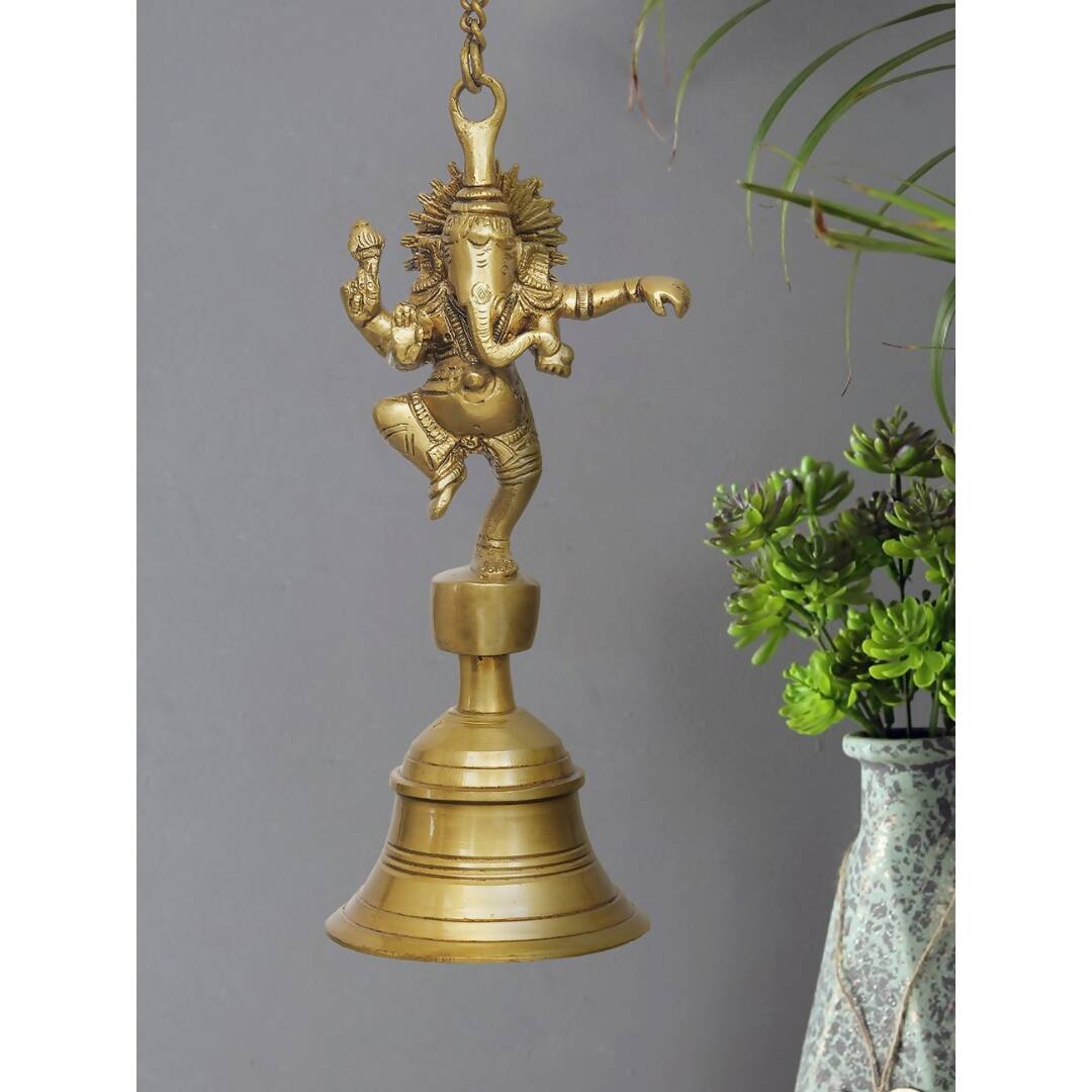 eCraftIndia Golden Brass Dancing Ganesha Idol Wall Hanging Bell With Chain | Grocsy